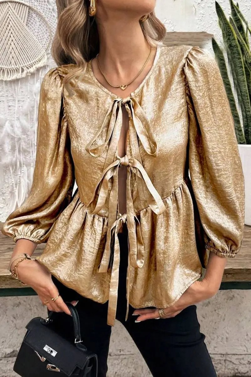 Gold Bow Tie Front Puff 3/4 Sleeve Ruffle Hem Blouse - Love Salve